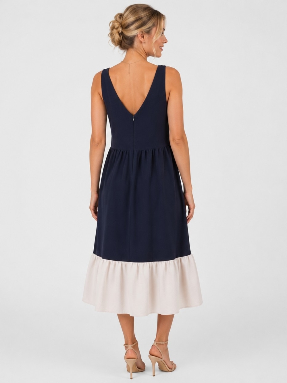 DKNY Navy Midi Dress with Cream Ruffle Hem - Picture 2 of 8